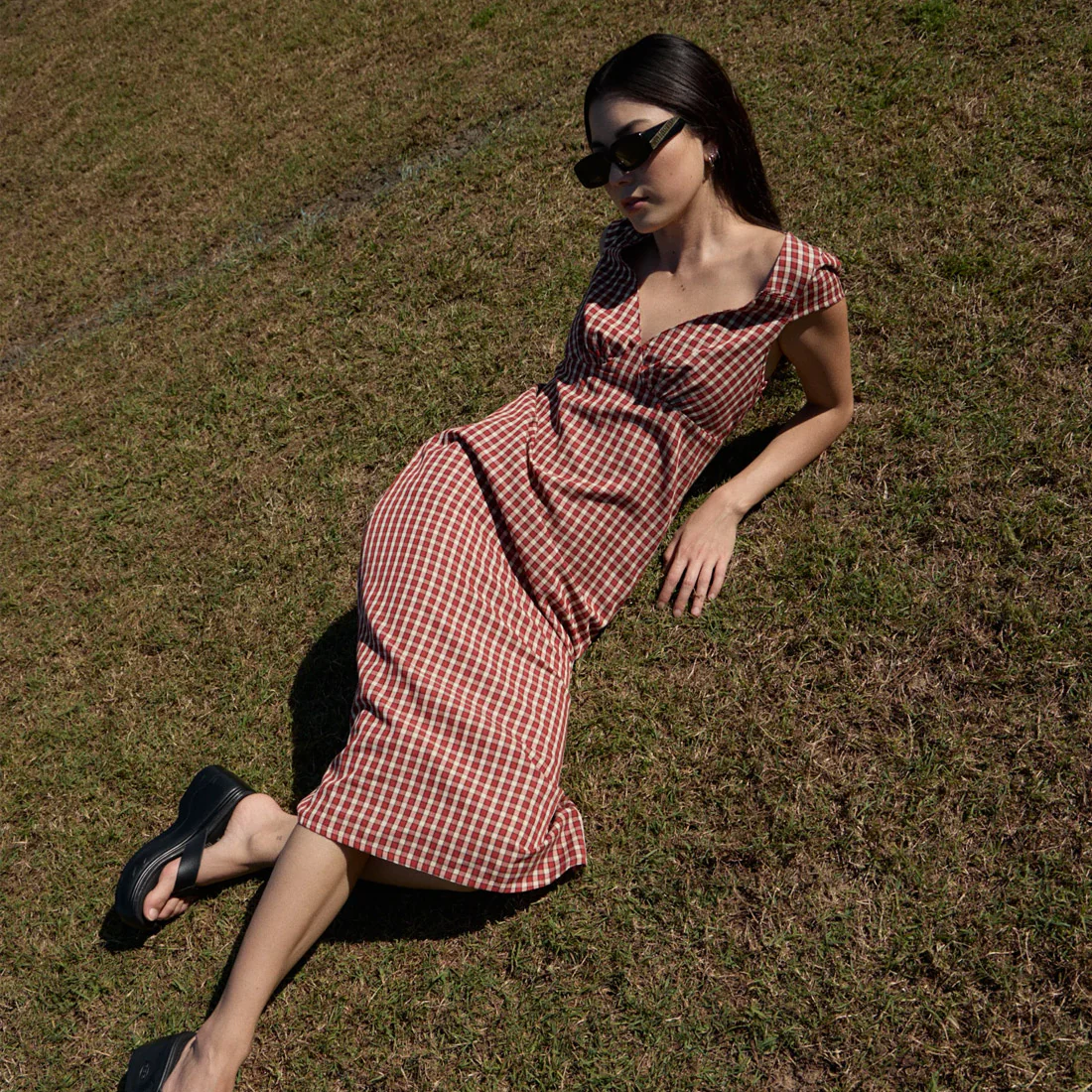 AFENDS Austin Check Midi Dress - Red Rum - Image 2