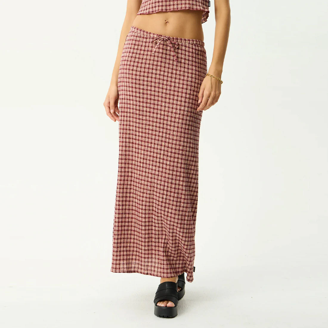 AFENDS Capricorn Seersucker Maxi Skirt - Burgundy/Beige Check - Image 3