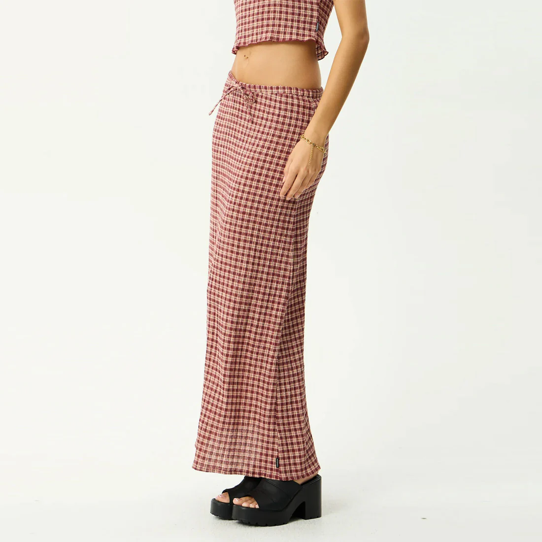 AFENDS Capricorn Seersucker Maxi Skirt - Burgundy/Beige Check - Image 4