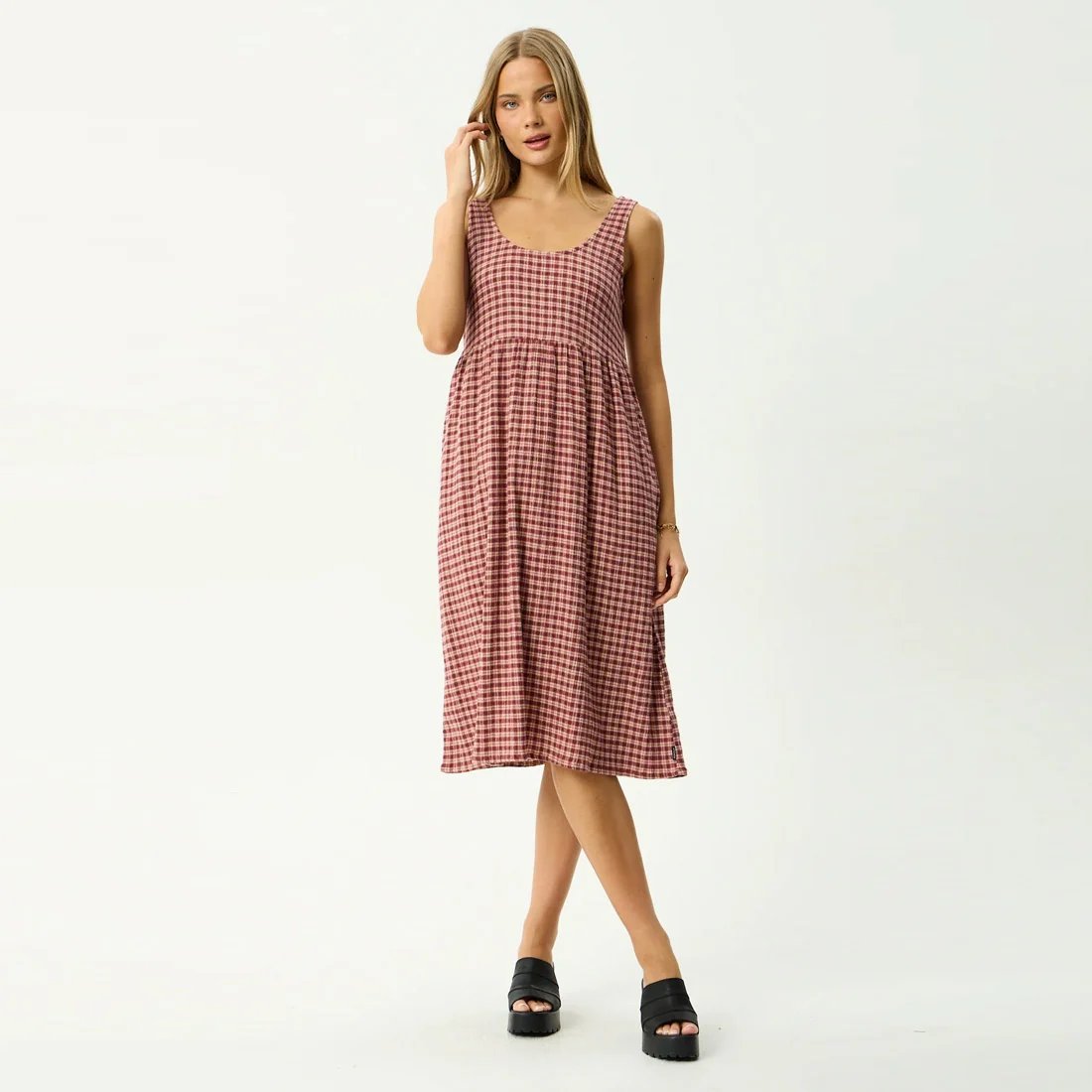 AFENDS Capricorn Seersucker Midi Dress - Burgundy/Beige Check