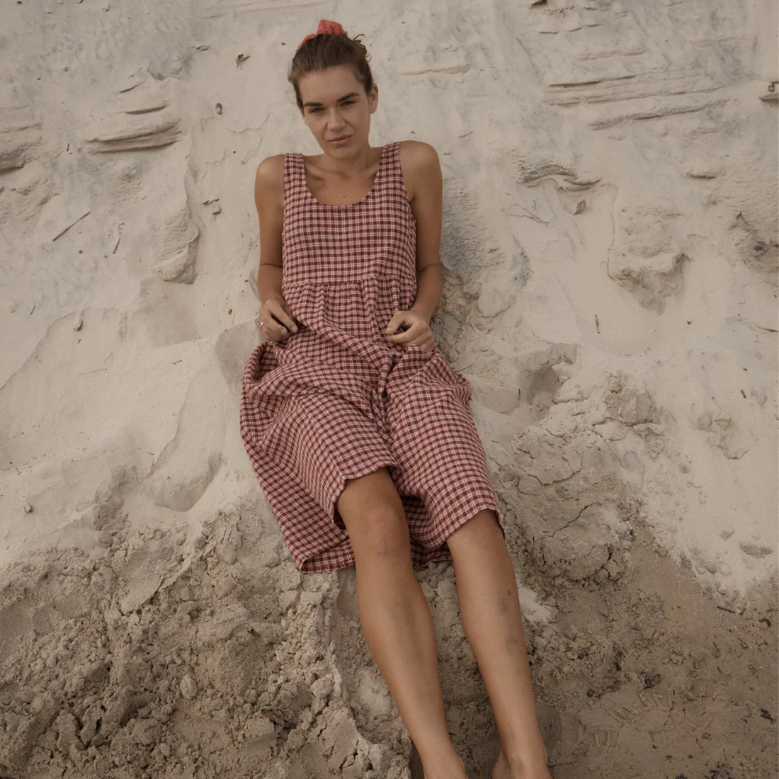 AFENDS Capricorn Seersucker Midi Dress - Burgundy/Beige Check - Image 2