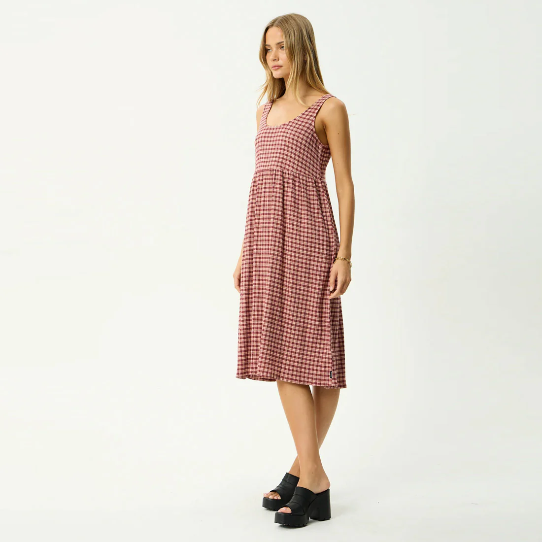 AFENDS Capricorn Seersucker Midi Dress - Burgundy/Beige Check - Image 3