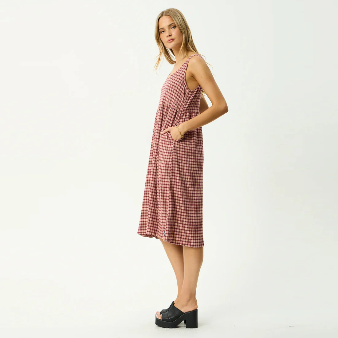 AFENDS Capricorn Seersucker Midi Dress - Burgundy/Beige Check - Image 4