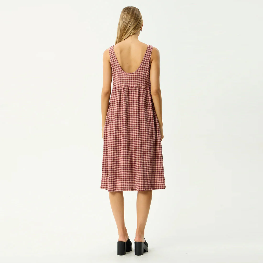 AFENDS Capricorn Seersucker Midi Dress - Burgundy/Beige Check - Image 6