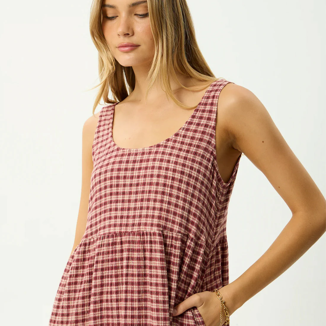 AFENDS Capricorn Seersucker Midi Dress - Burgundy/Beige Check - Image 7