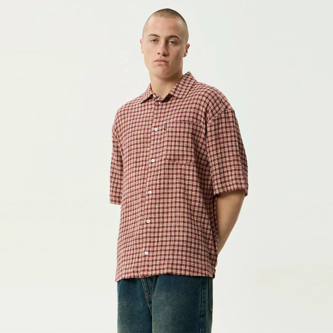 AFENDS Capricorn Seersucker Short Sleeve Shirt - Burgundy / Beige Check - Image 2