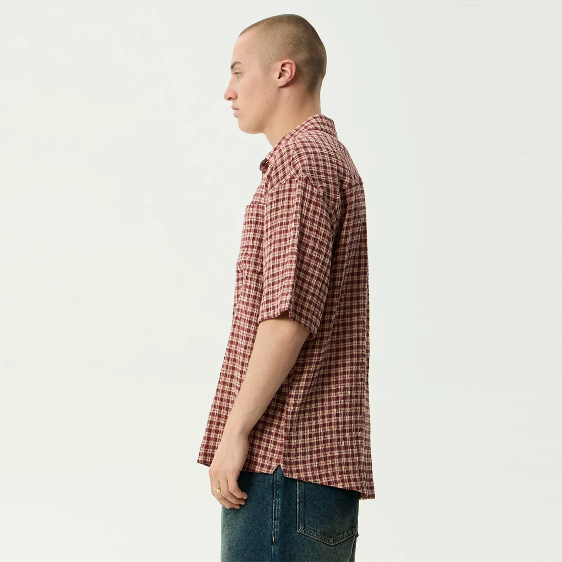 AFENDS Capricorn Seersucker Short Sleeve Shirt - Burgundy / Beige Check - Image 3