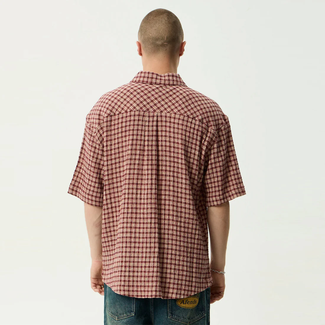 AFENDS Capricorn Seersucker Short Sleeve Shirt - Burgundy / Beige Check - Image 4