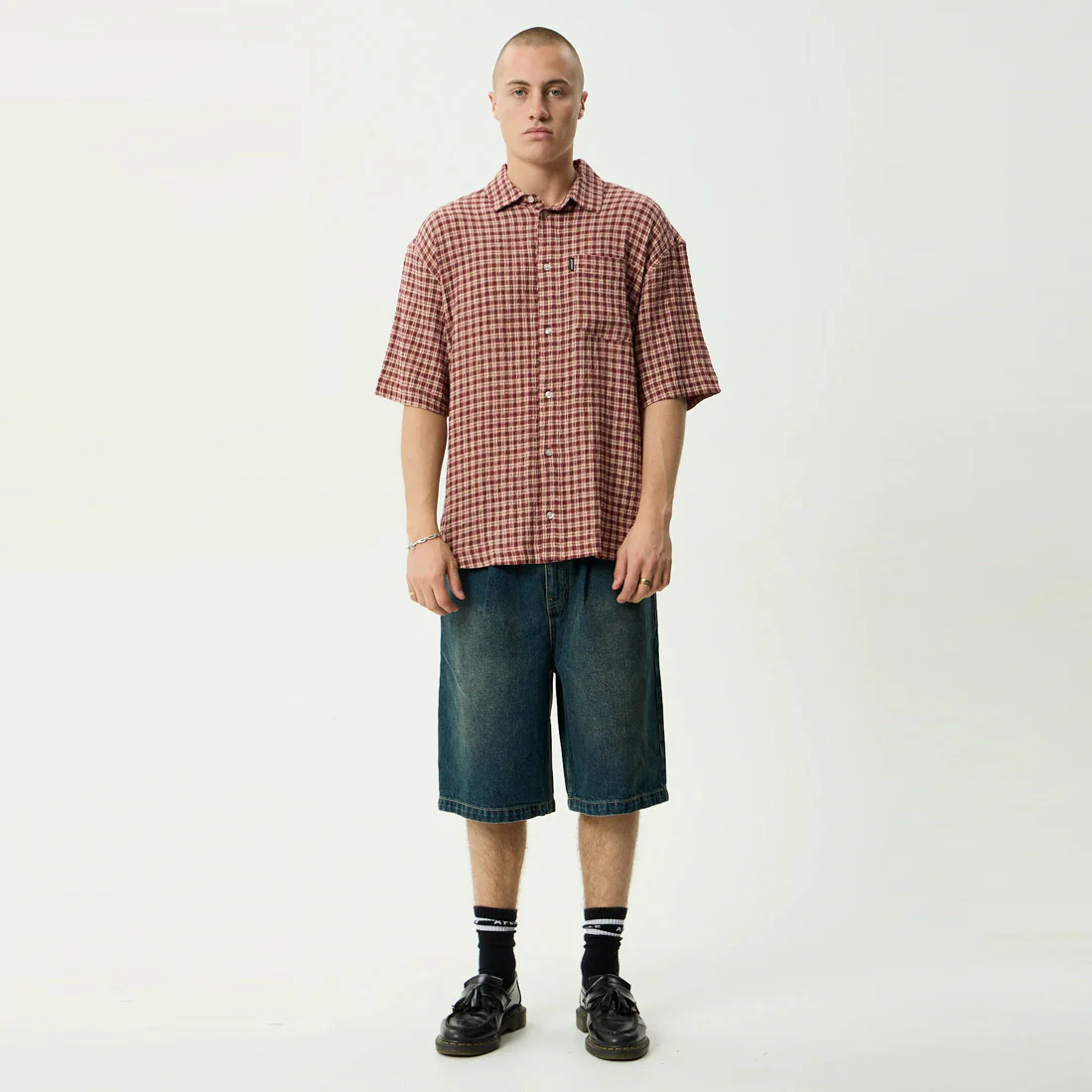AFENDS Capricorn Seersucker Short Sleeve Shirt - Burgundy / Beige Check - Image 5
