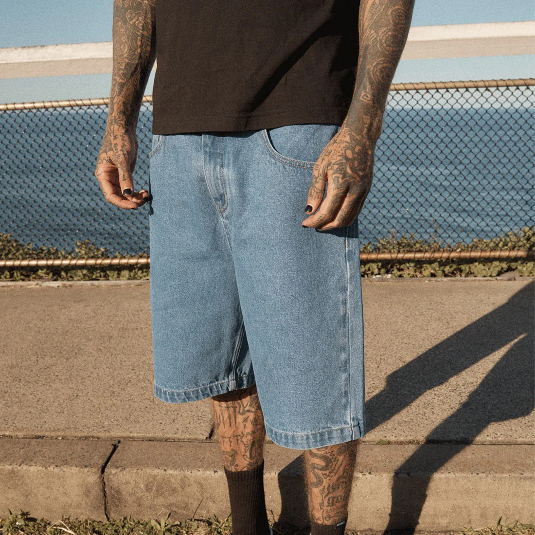 AFENDS Lil C Denim Baggy Short - Worn Blue - Image 3