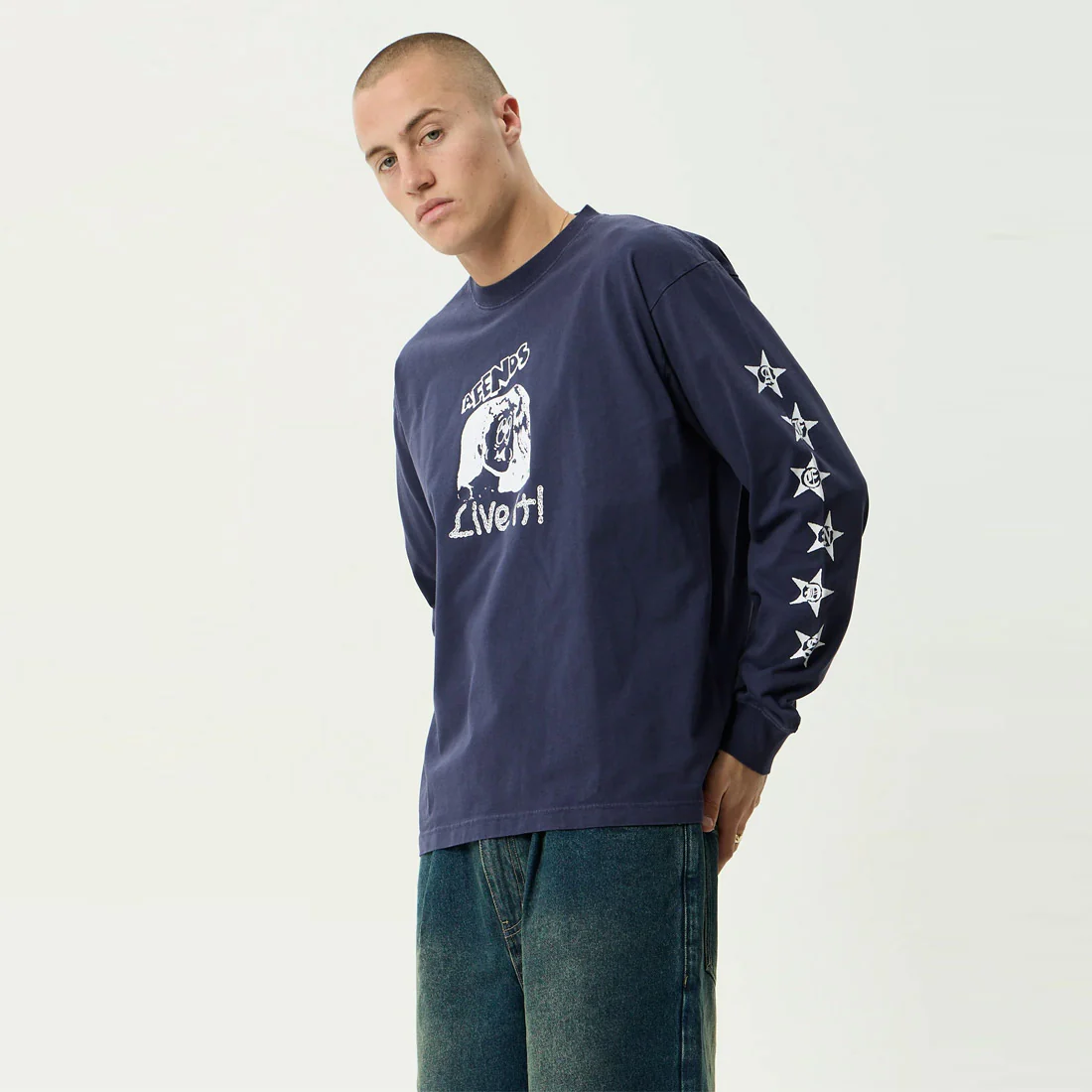 AFENDS Live It Heavyweight Boxy Long Sleeve Tee - Washed Deep Sea - Image 2