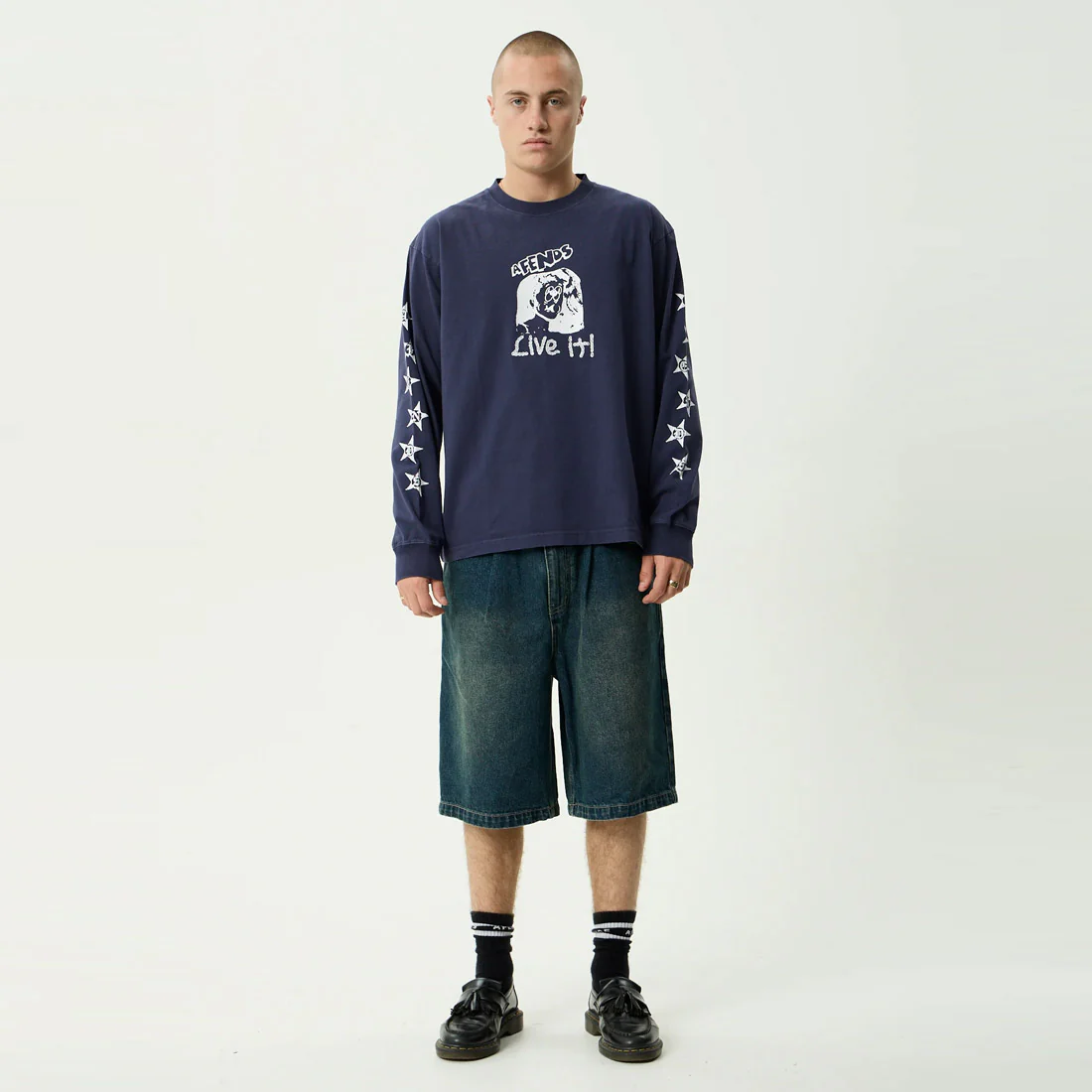 AFENDS Live It Heavyweight Boxy Long Sleeve Tee - Washed Deep Sea - Image 8