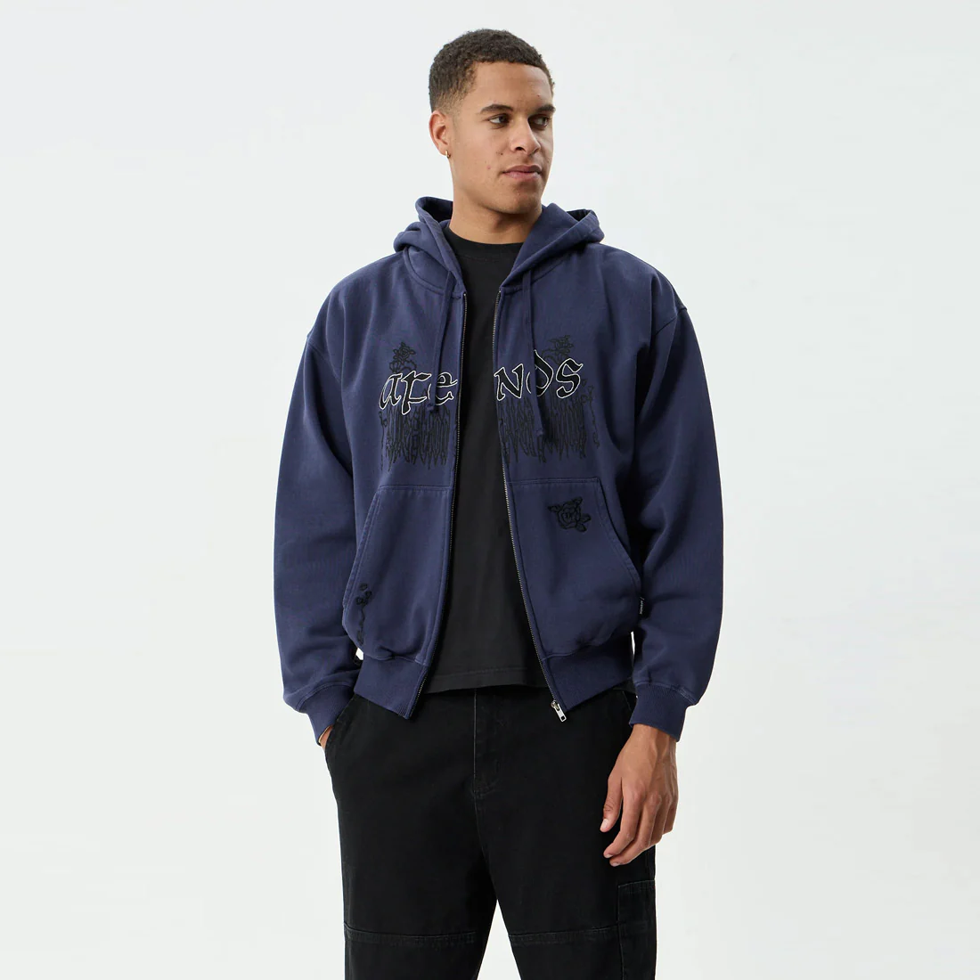 AFENDS Pent-A-Gone Boxy Zip Hood - Washed Deep Sea - Image 2