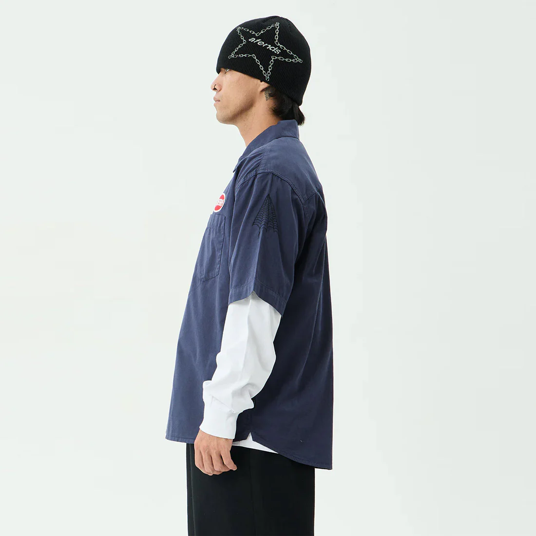 AFENDS Supply Workwear Short Sleeve Shirt - Washed Deep Sea - Image 3