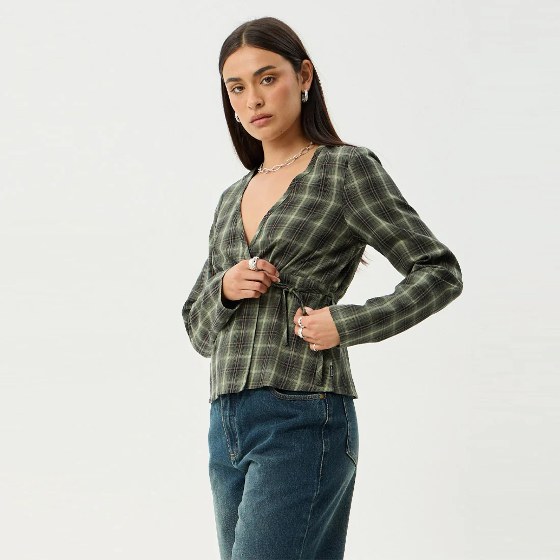 AFENDS Women's Jonah Long Sleeve Top - Deep Olive Check - Image 3