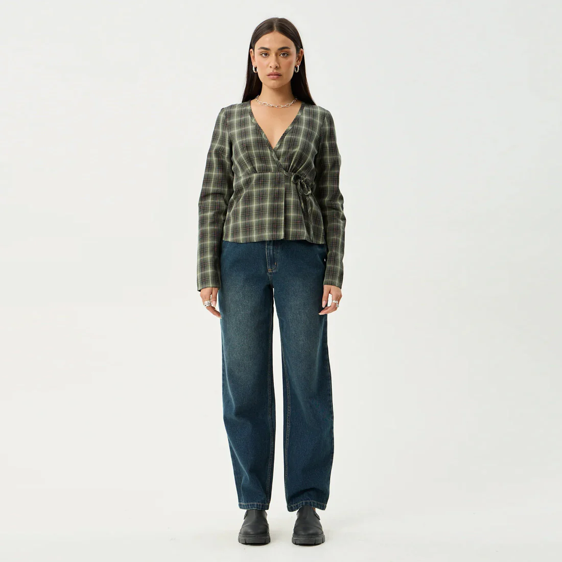 AFENDS Women's Jonah Long Sleeve Top - Deep Olive Check - Image 6
