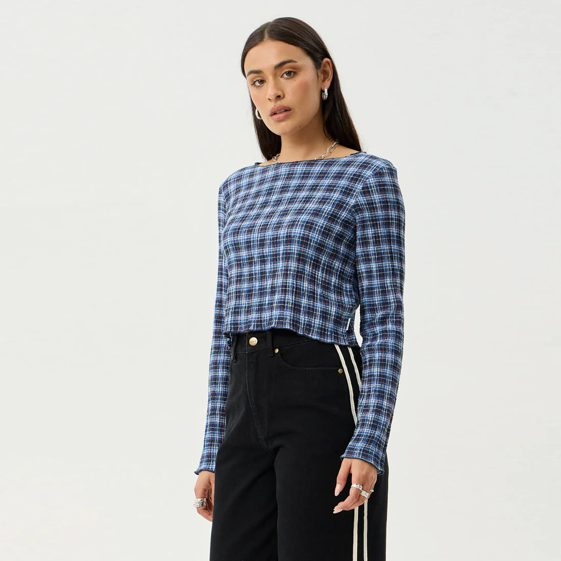 AFENDS Women's Mountains Seersucker Long Sleeve Top - Navy Red Check - Image 3