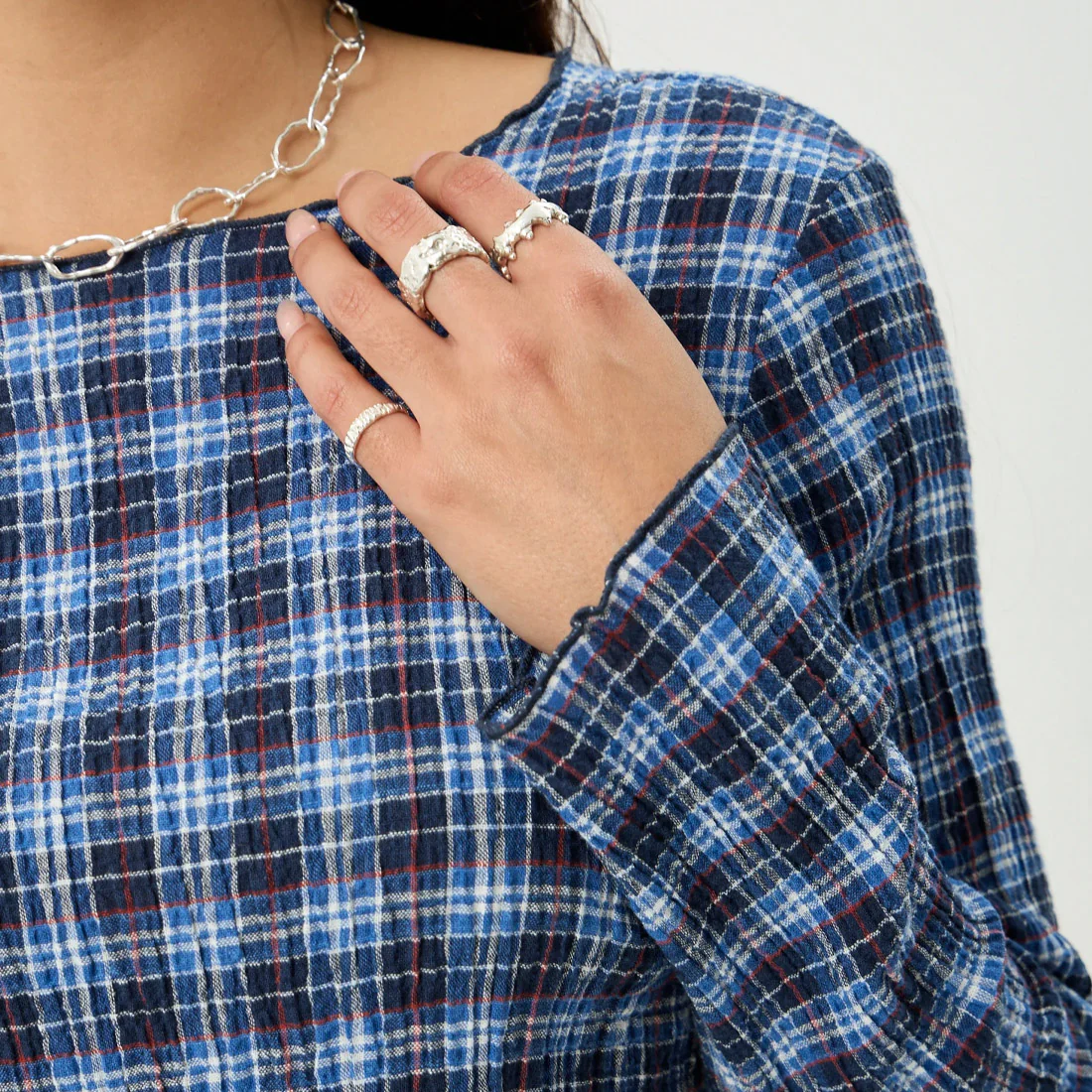 AFENDS Women's Mountains Seersucker Long Sleeve Top - Navy Red Check - Image 5