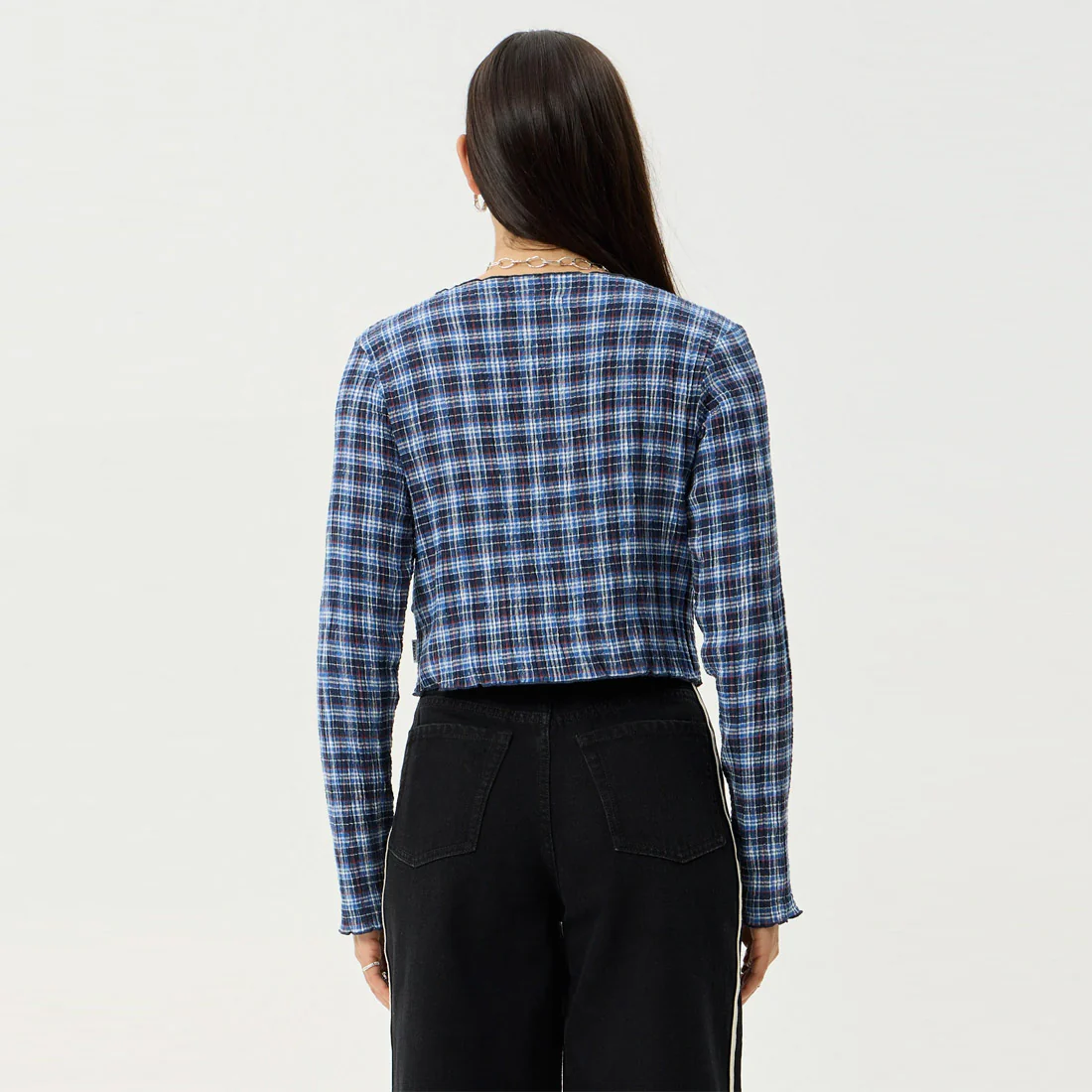 AFENDS Women's Mountains Seersucker Long Sleeve Top - Navy Red Check - Image 6