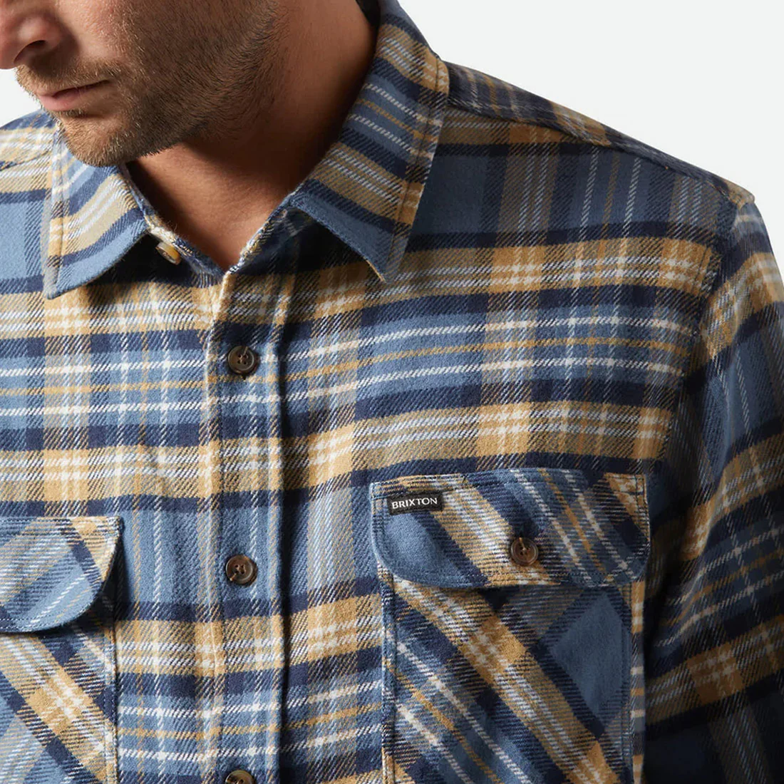 BRIXTON Bowery Flannel - Azure Blue/Washed Navy/Sand - Image 4