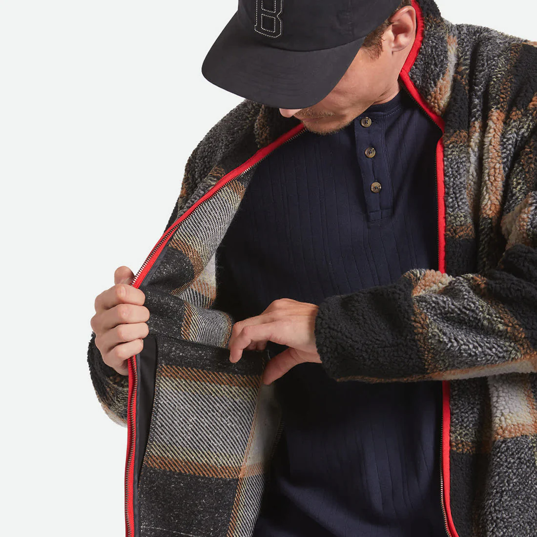 BRIXTON Buffalo Plaid Sherpa Full Zip - Black/Cream - Image 4