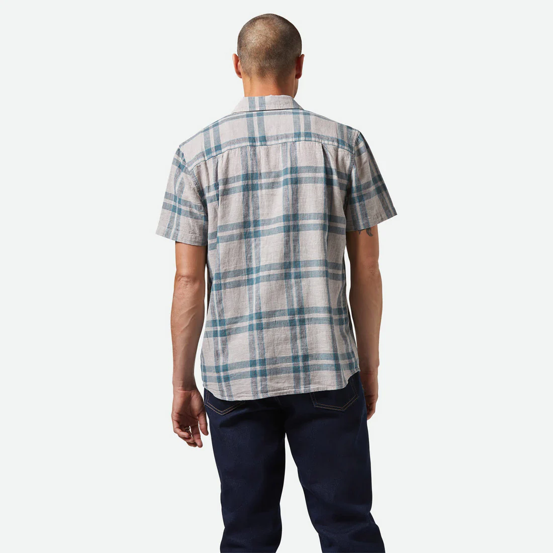 BRIXTON Charter Linen Blend Short Sleeve Shirt - Beige/Azure Blue Plaid - Image 2
