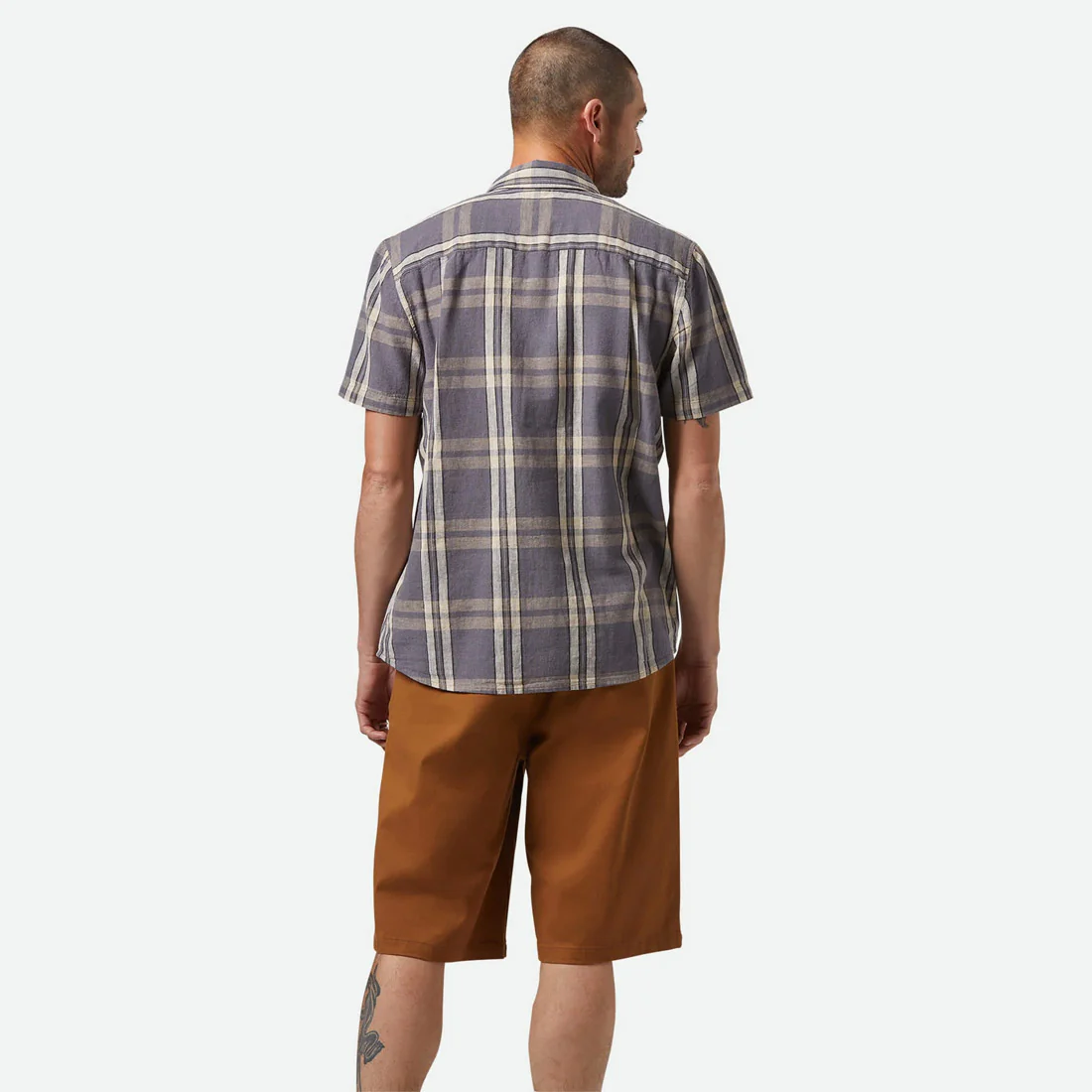 BRIXTON Charter Linen Blend Short Sleeve Shirt - Charcoal/Beige Plaid - Image 3