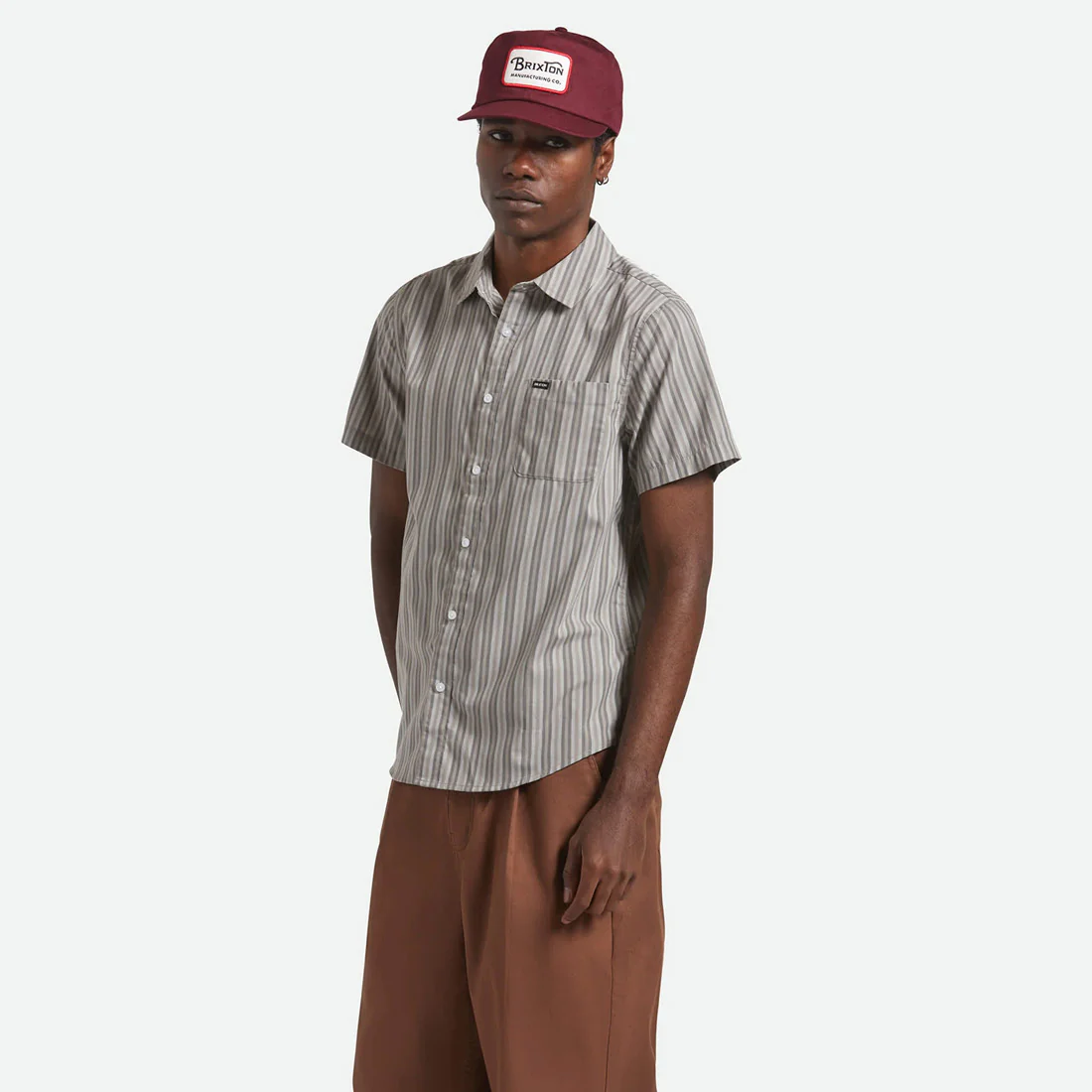 BRIXTON Charter Stripe Short Sleeve Shirt - Charcoal Grey - Image 2