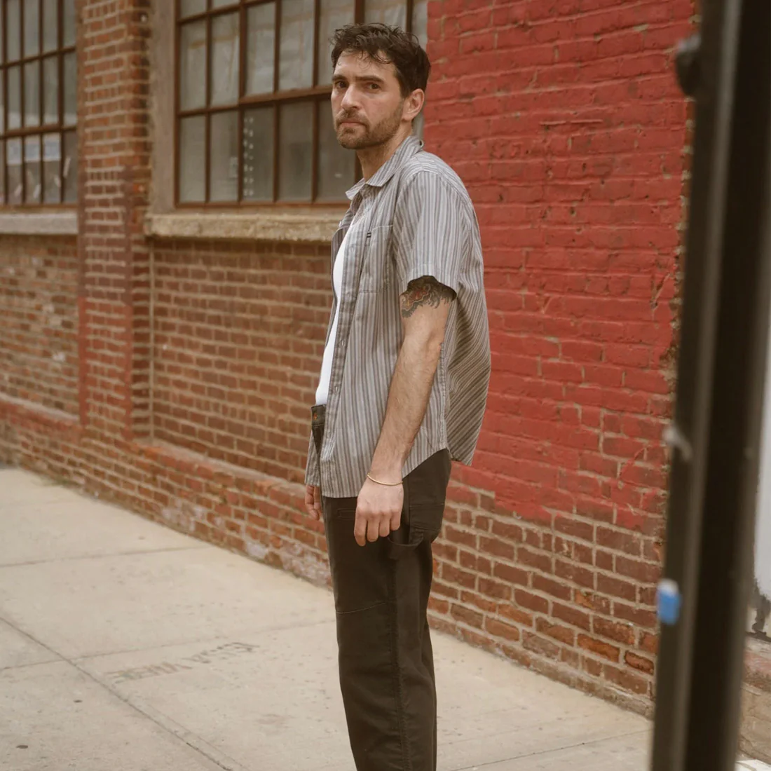 BRIXTON Charter Stripe Short Sleeve Shirt - Charcoal Grey - Image 5