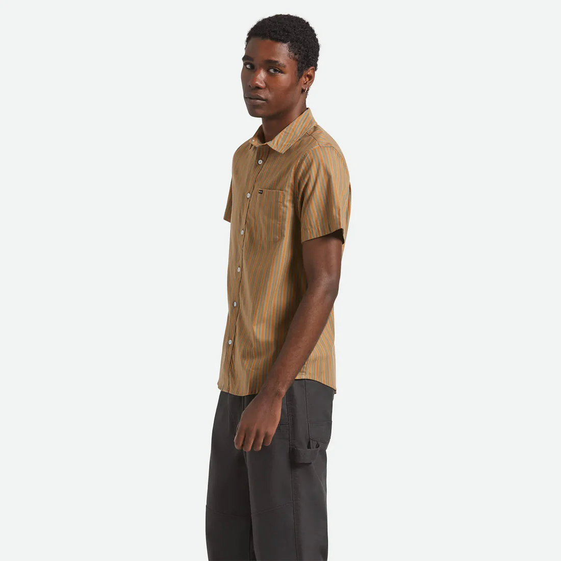BRIXTON Charter Stripe Short Sleeve Shirt - Rustic Orange/Night Sage - Image 2
