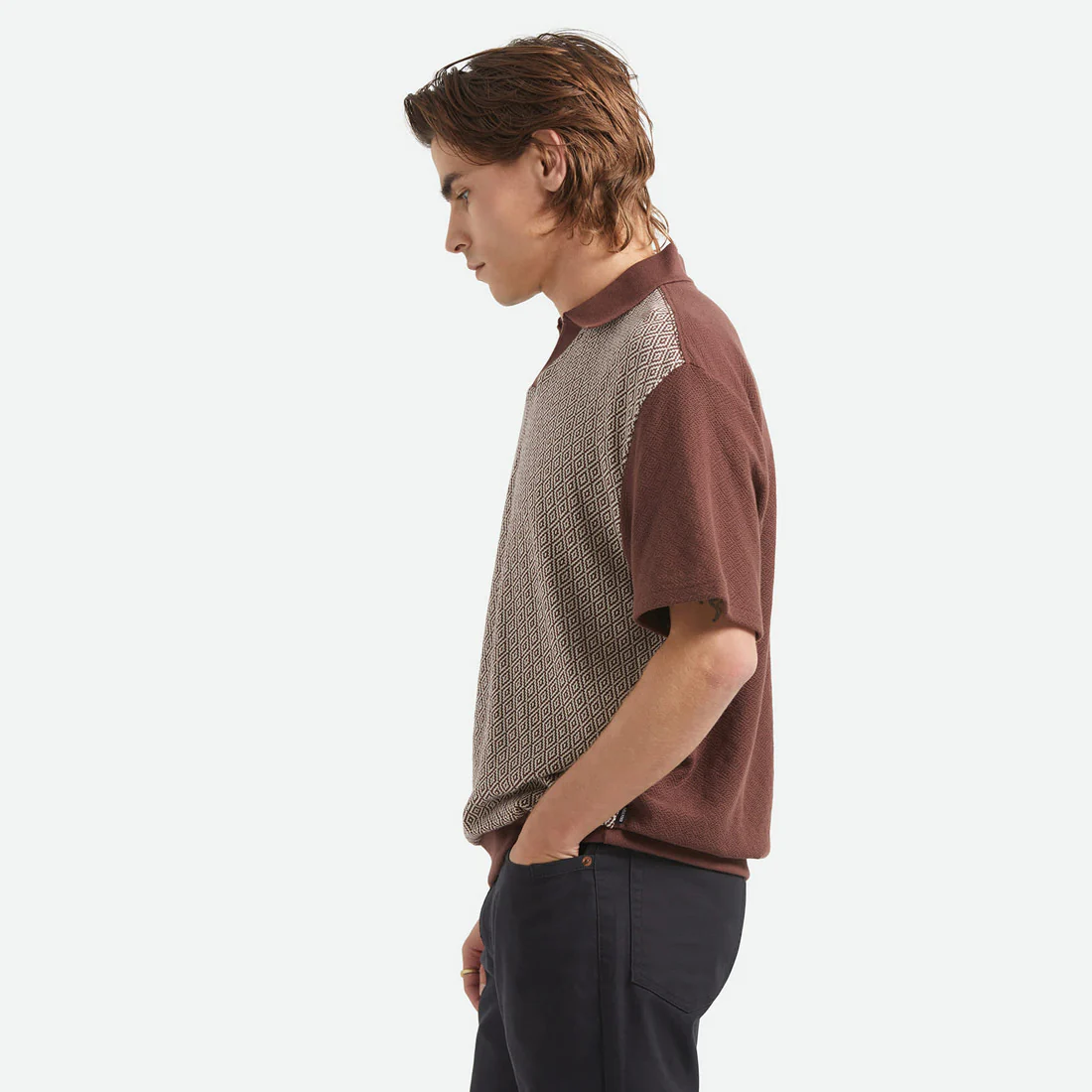 BRIXTON Theo Jacquard Short Sleeve Polo - Chocolate/Off White - Image 2