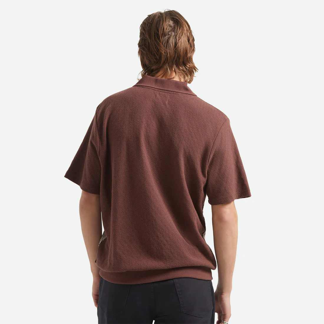 BRIXTON Theo Jacquard Short Sleeve Polo - Chocolate/Off White - Image 3