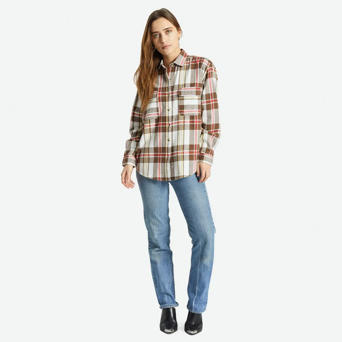 BRIXTON Women's Bowery Boyfriend Flannel - Off White/Dark Earth - Image 3