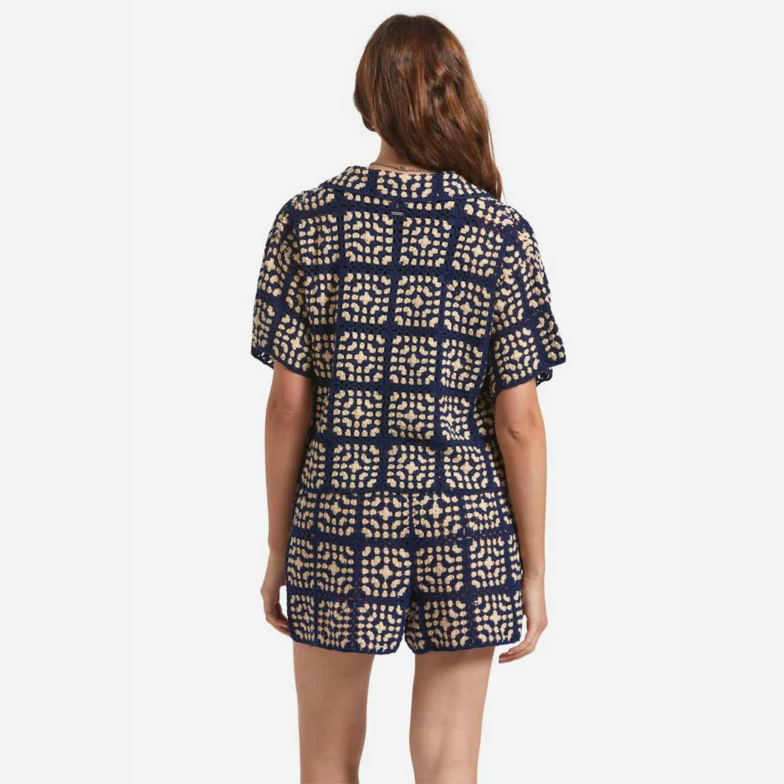 BRIXTON Women's Crochet Short Sleeve Button Down - Mood Indigo/Off White - Image 3