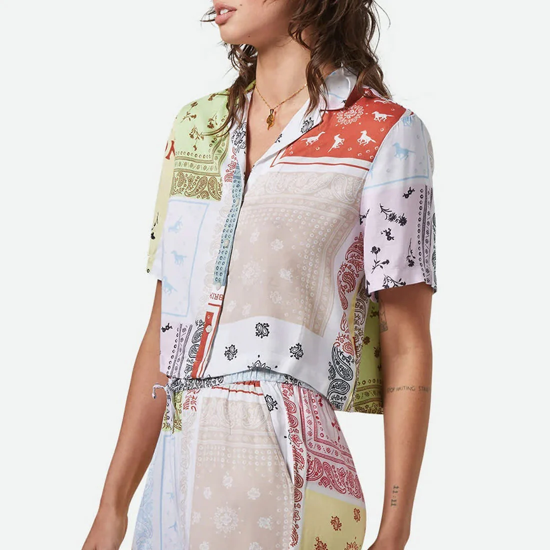 BRIXTON Women's Silky Short Sleeve Bowling Button Down - Multi Colour Bandana - Image 3