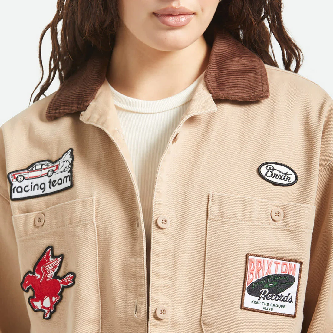 BRIXTON Women's Utopia Patchwork Overshirt - Washed Timeless Taupe - Image 5