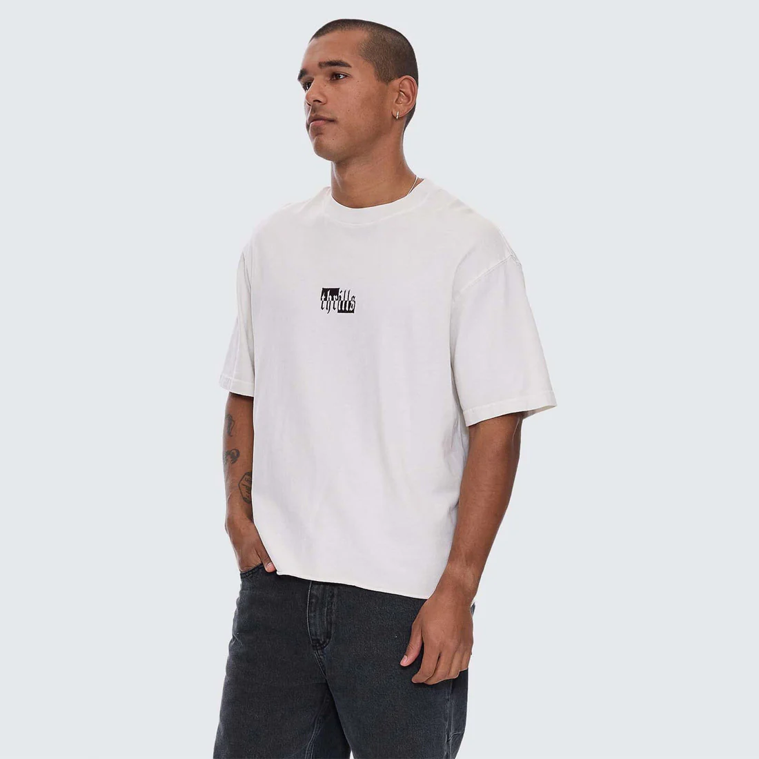 THRILLS Excitement Excitement Embroidered Box Fit Oversize Cropped Raw Hem Tee - Lily White - Image 2