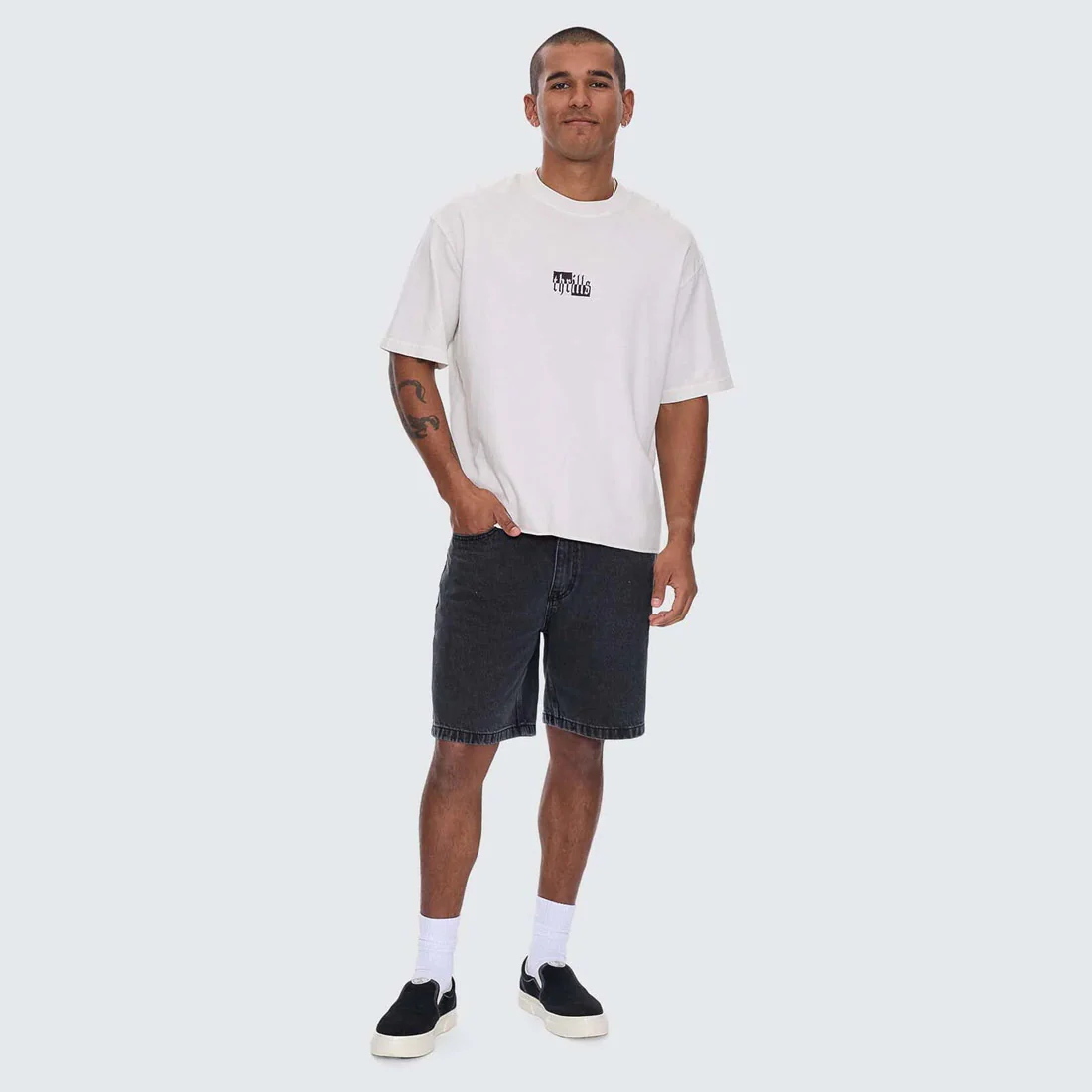 THRILLS Excitement Excitement Embroidered Box Fit Oversize Cropped Raw Hem Tee - Lily White - Image 4