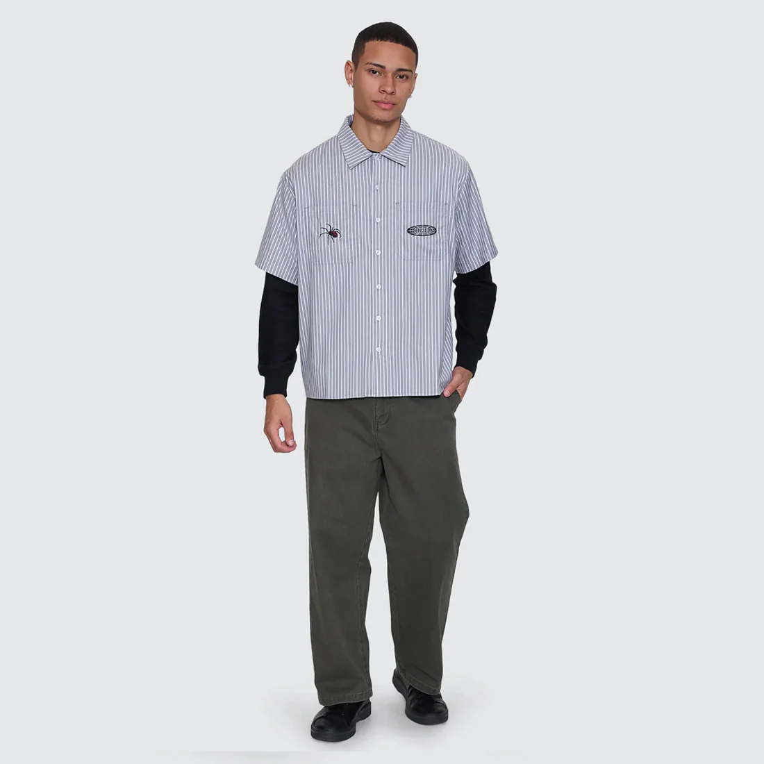 THRILLS Web Of Deceit Cropped Short Sleeve Work Shirt - Black - Image 3